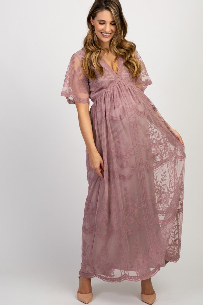 MARIJNEA® | Mauve spetsmesh overlay Maxiklänning 