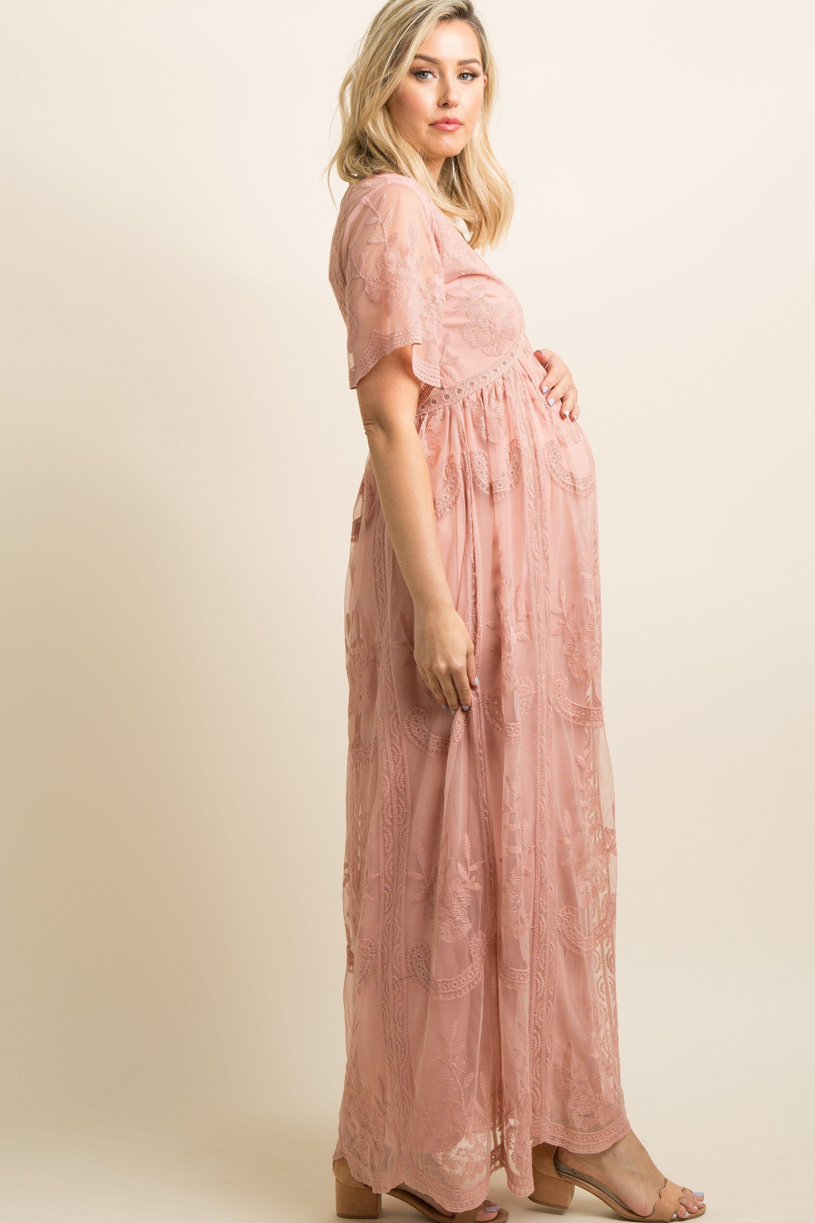 MARIJNEA® | Rosa Spets Mesh Overlay Maxiklänning 
