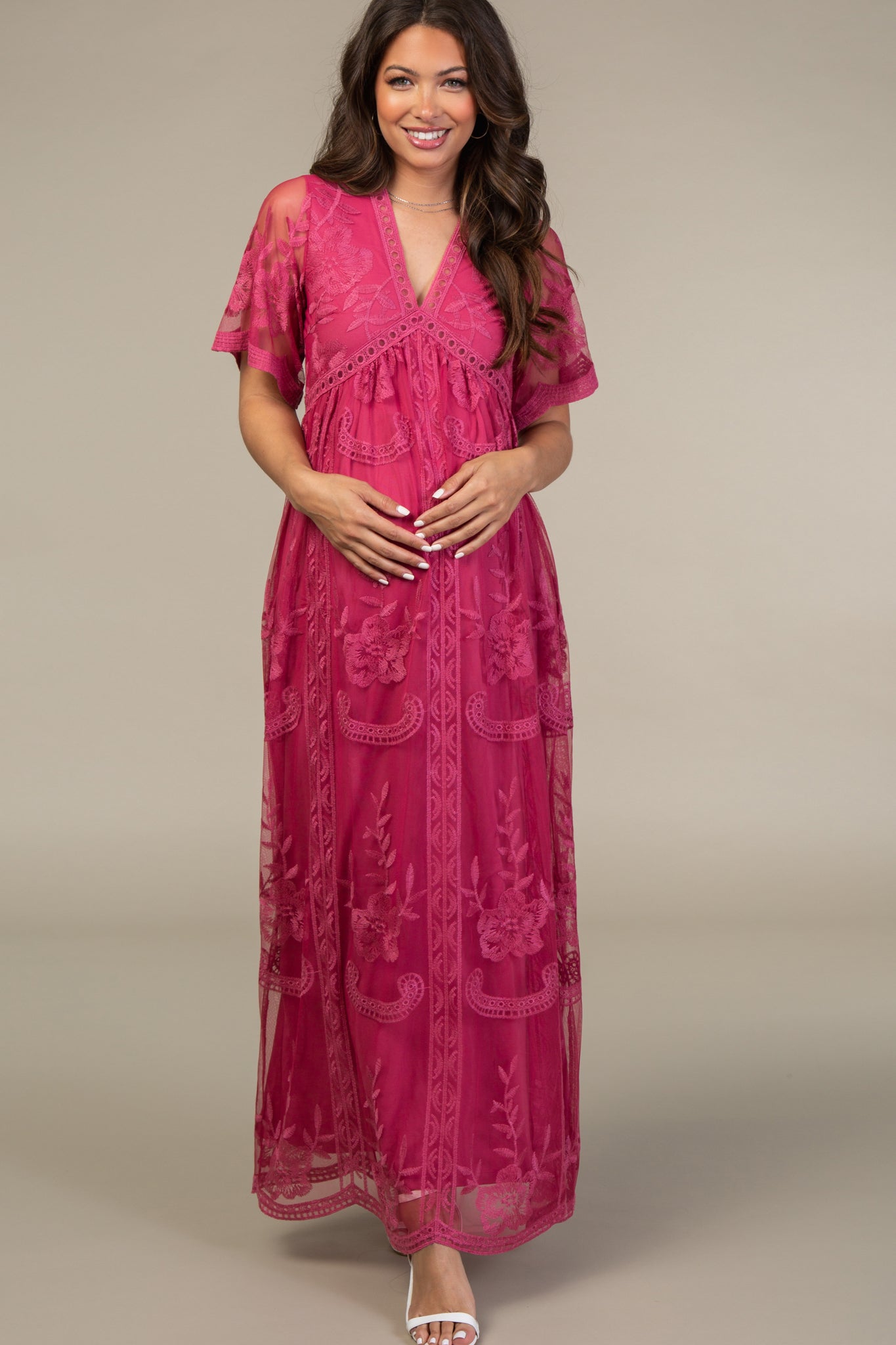 MARIJNEA® | Lila Spitzen-Mesh-Overlay-Maxikleid 